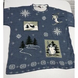 Vintage NutCracker Sweater Womens Small Blue Christmas Snowman Skiing  USA